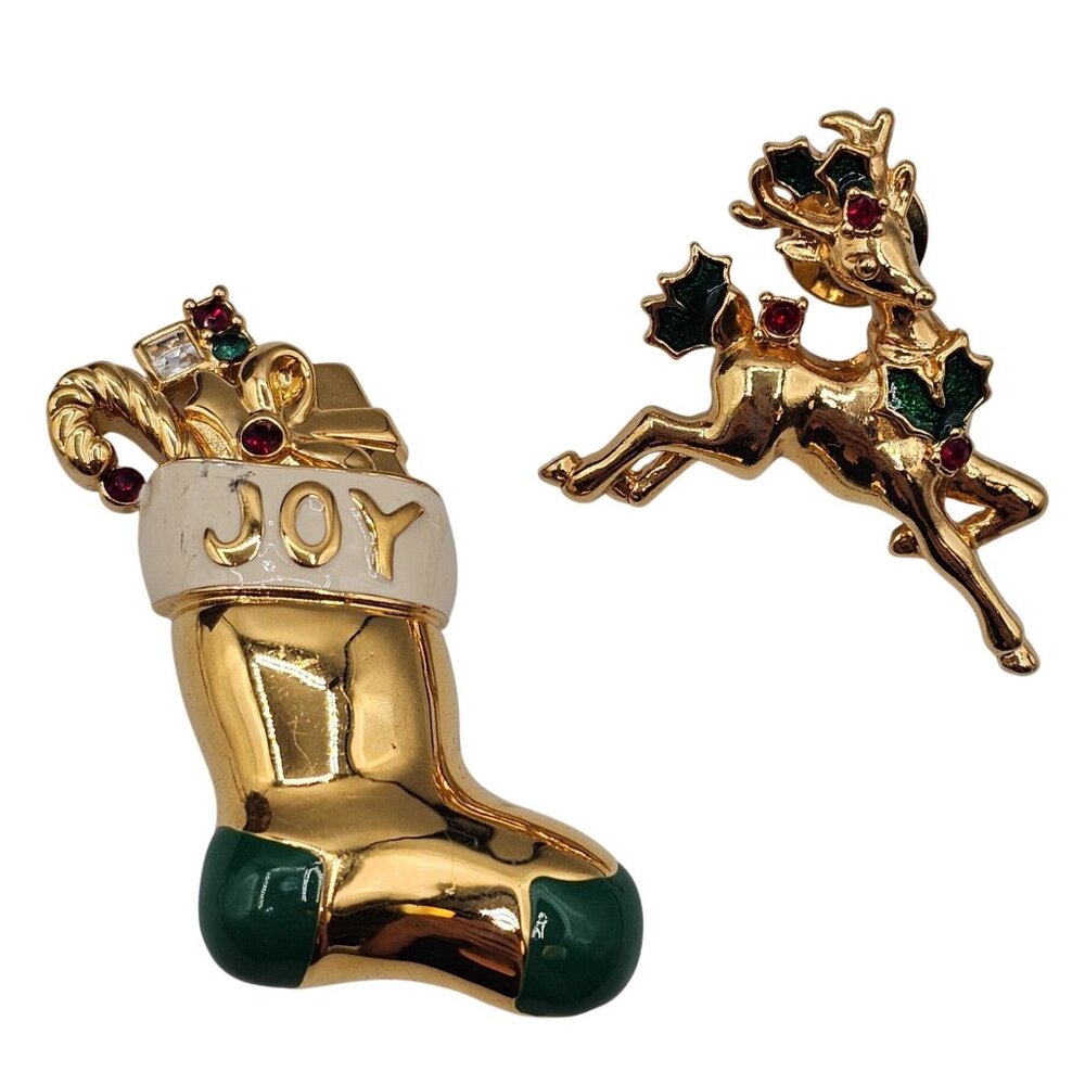 VTG Brooch 2PC Gold Tone Festive Christmas Stocking Reindeer Joy Holiday Pins‎